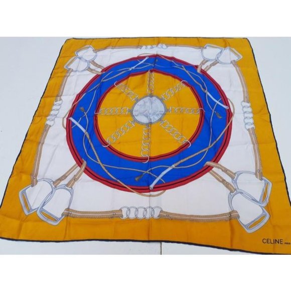 Celine Blue Red Gold Equestrian Print Silk Scarf - Picture 6 of 8